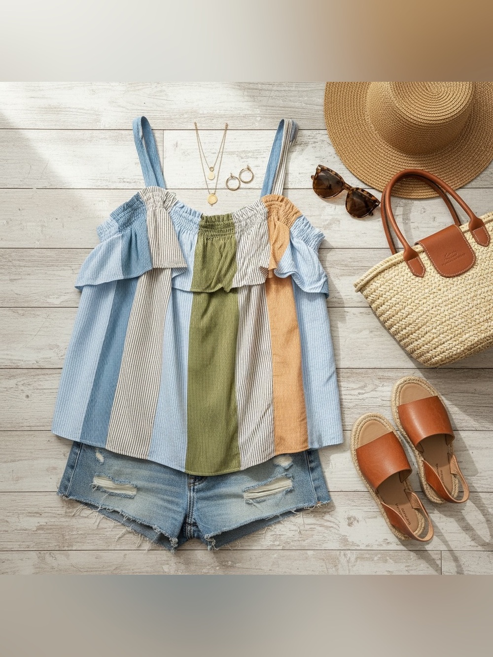 LC Lauren Conrad Multicolor Striped Ruffle Tank - Blue, Green, Cream